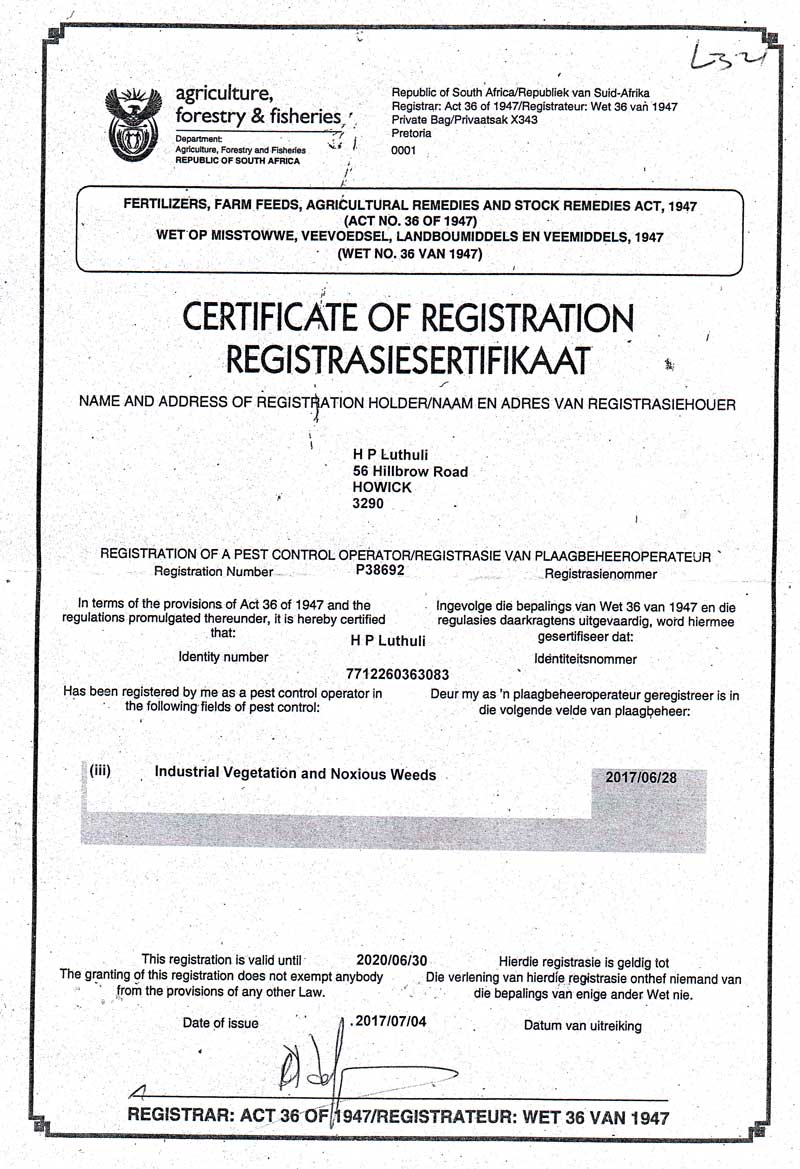 PCO pest control operator certificate