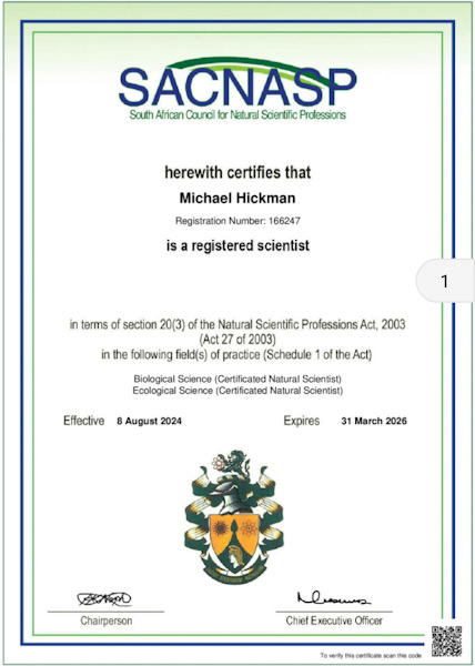 licenced Natural Scientist in the fields of ecology and biology